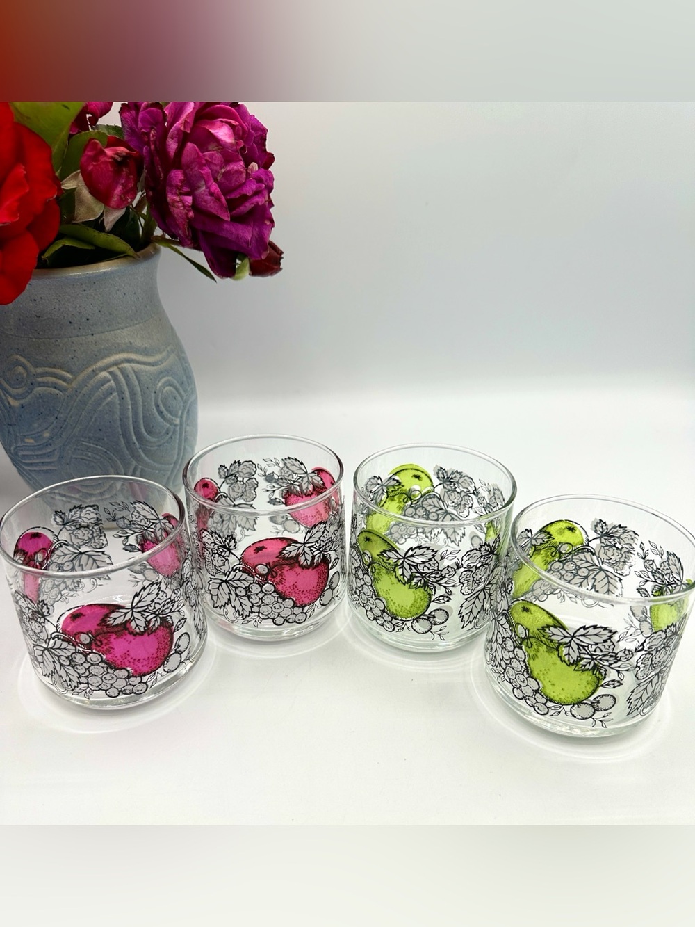 4 Purple & Green Pears on Glass Tumblers. Vintage MCM